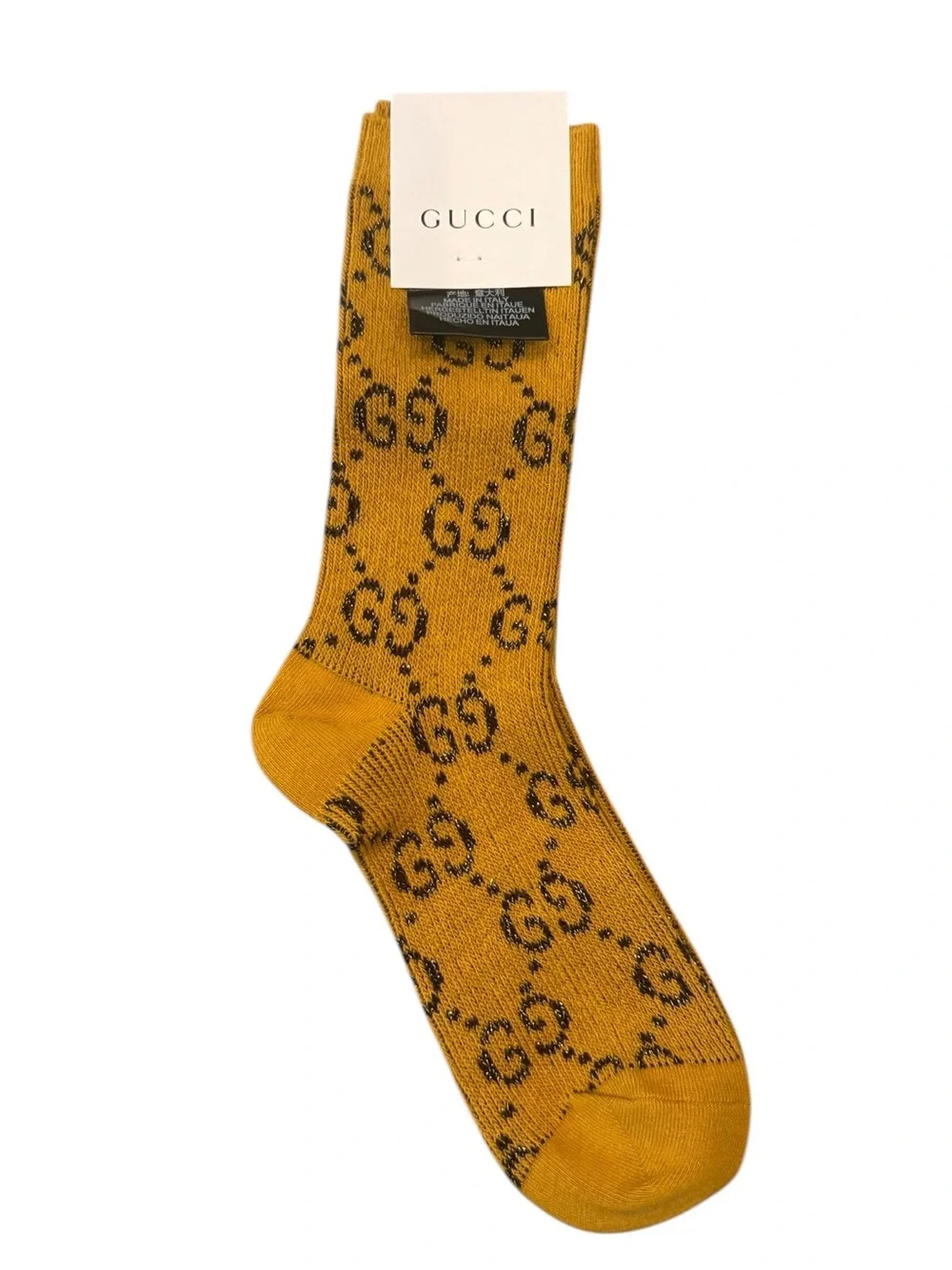 2 Pair Gucci Outlet GG Monogram Crew Socks — Black & Yellow Gold